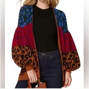 FARM RIO Colorblock Leopard Cardigan Size Large
